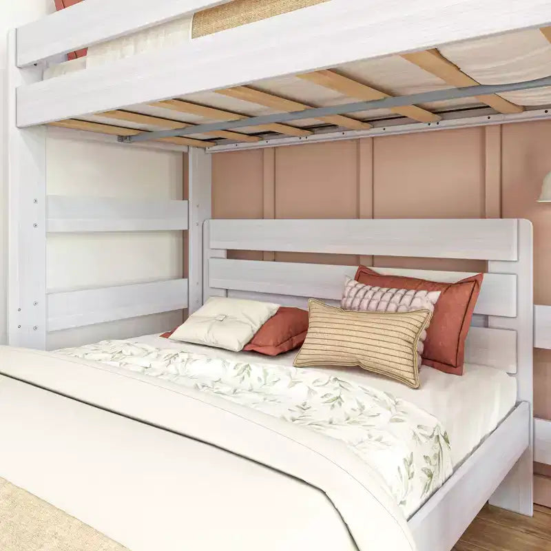 Solid Wood Modern Farmhouse Bunk Bed, L-Shaped Twin over Queen Bed Frame for Kids