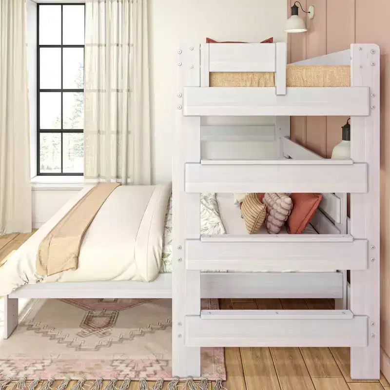 Solid Wood Modern Farmhouse Bunk Bed, L-Shaped Twin over Queen Bed Frame for Kids