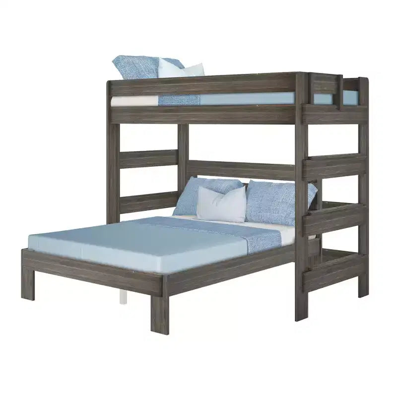 Solid Wood Modern Farmhouse Bunk Bed, L-Shaped Twin over Queen Bed Frame for Kids