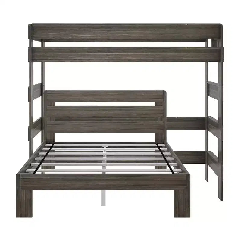 Solid Wood Modern Farmhouse Bunk Bed, L-Shaped Twin over Queen Bed Frame for Kids