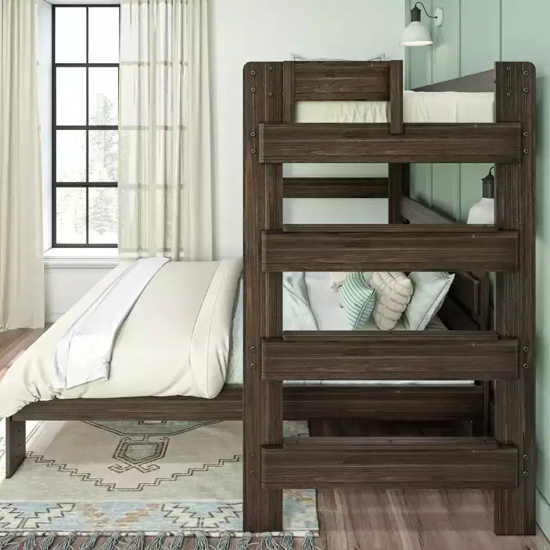 Solid Wood Modern Farmhouse Bunk Bed, L-Shaped Twin over Queen Bed Frame for Kids