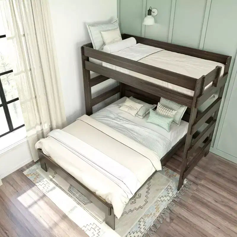Solid Wood Modern Farmhouse Bunk Bed, L-Shaped Twin over Queen Bed Frame for Kids