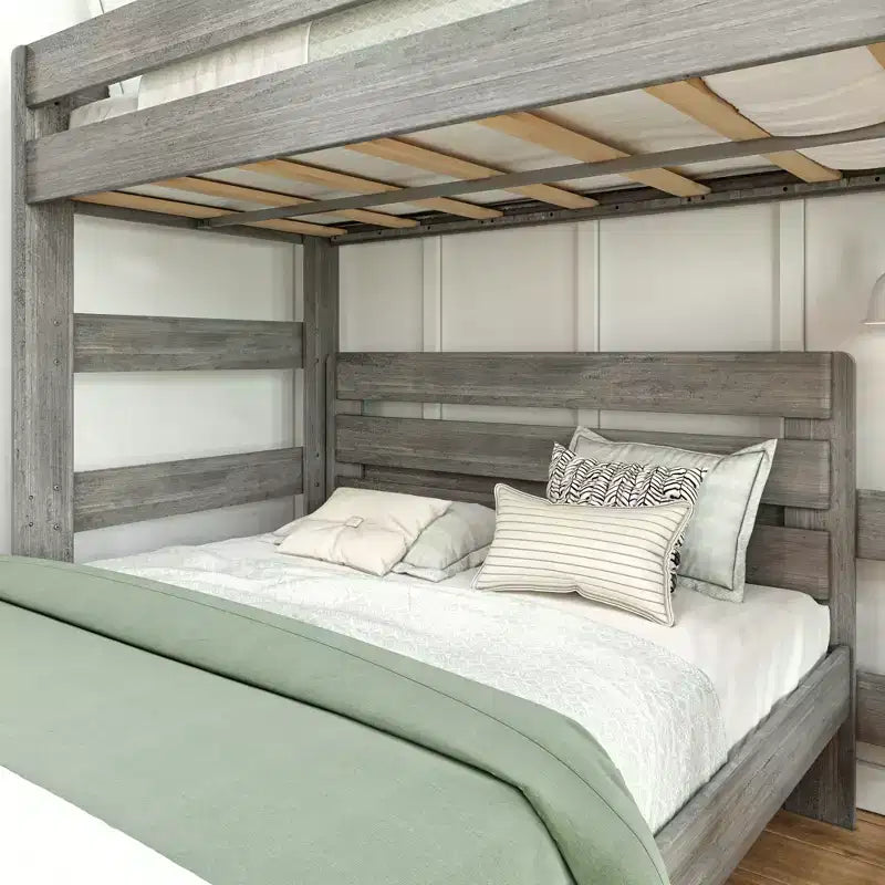 Solid Wood Modern Farmhouse Bunk Bed, L-Shaped Twin over Queen Bed Frame for Kids