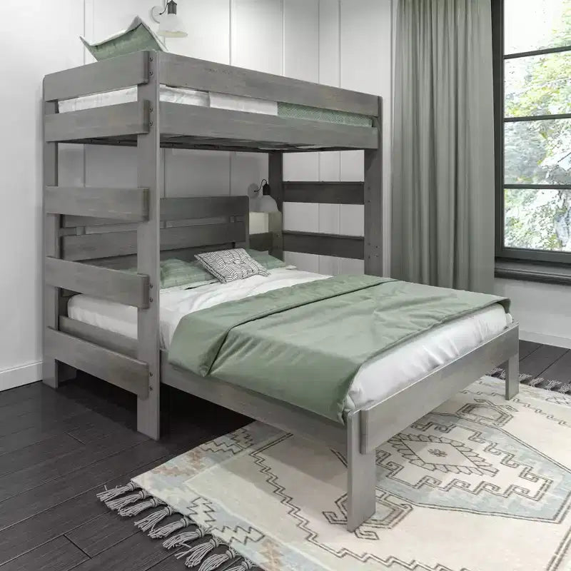Solid Wood Modern Farmhouse Bunk Bed, L-Shaped Twin over Queen Bed Frame for Kids