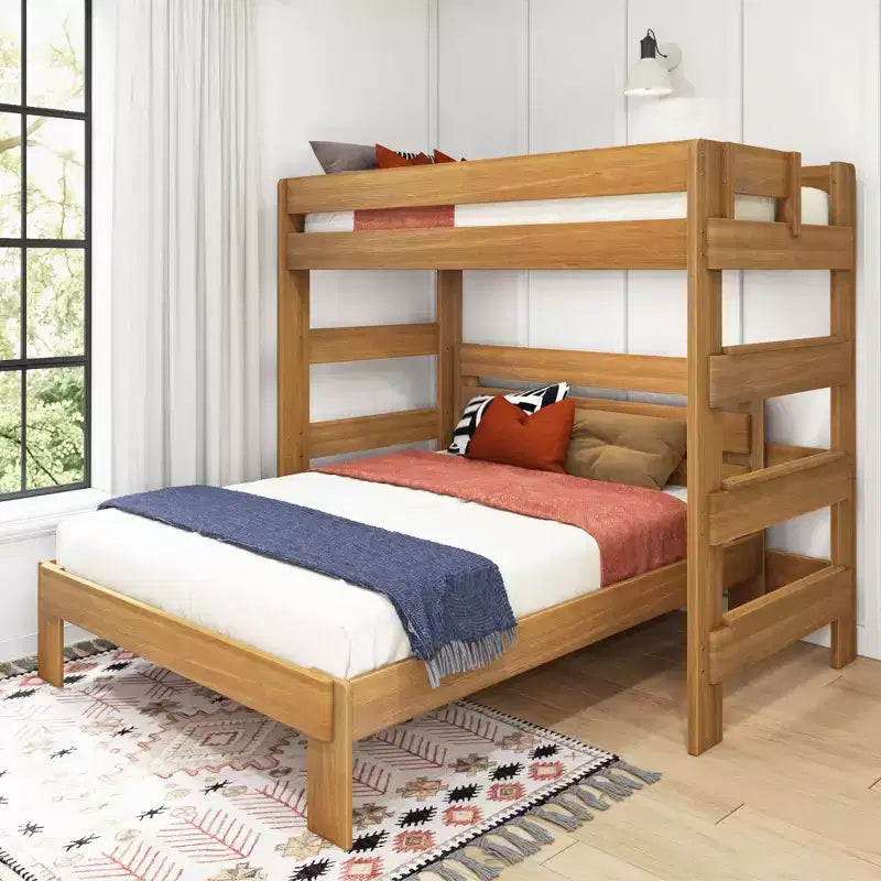 Solid Wood Modern Farmhouse Bunk Bed, L-Shaped Twin over Queen Bed Frame for Kids