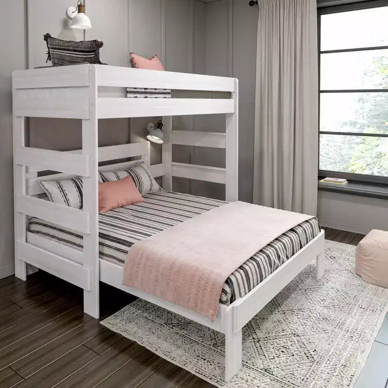 Solid Wood Modern Farmhouse Bunk Bed, L-Shaped Twin over Queen Bed Frame for Kids