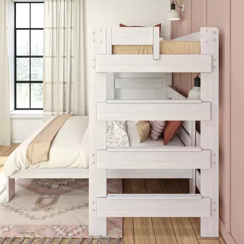 Solid Wood Bunk Bed, L-Shaped Twin over Full Size Bed Frame for Kids, Modern Farmhouse
