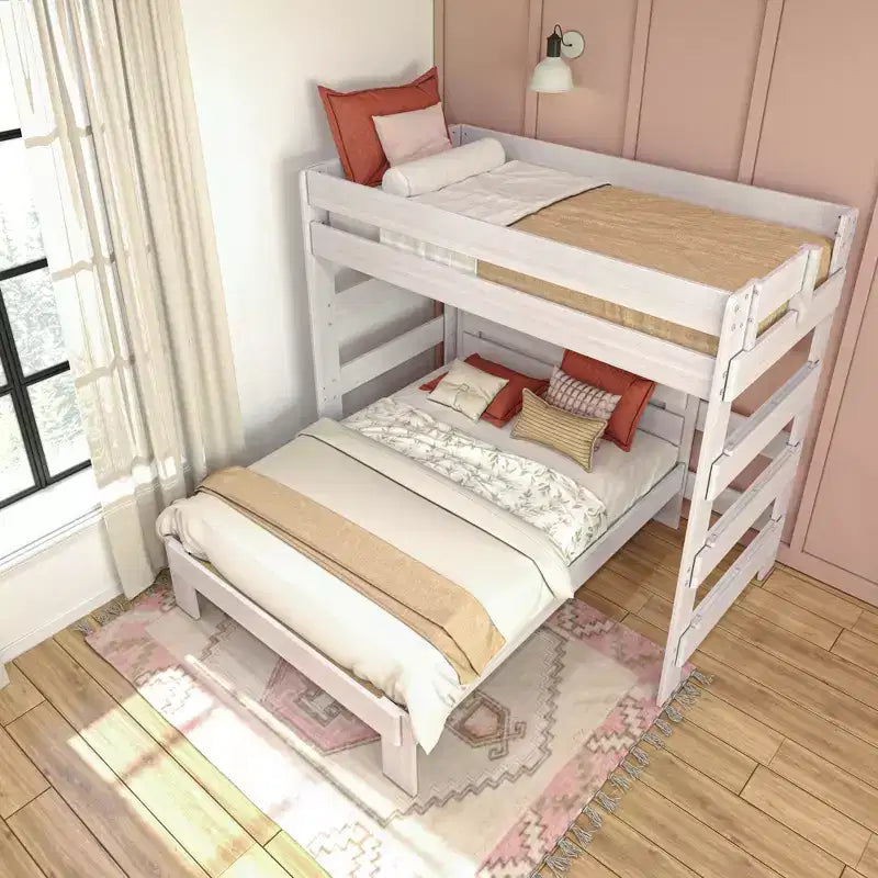 Solid Wood Bunk Bed, L-Shaped Twin over Full Size Bed Frame for Kids, Modern Farmhouse