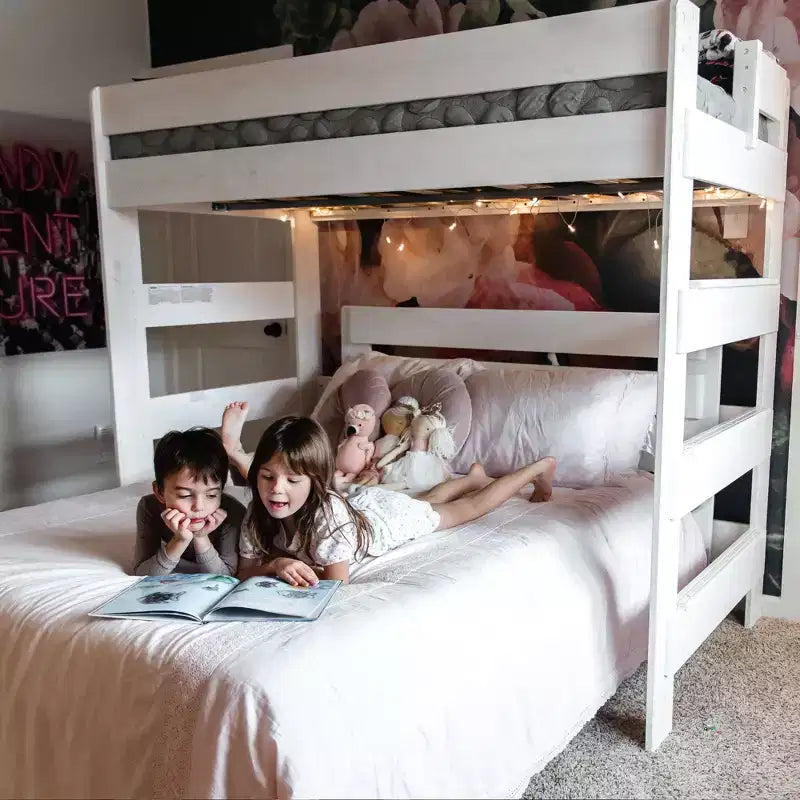 Solid Wood Bunk Bed, L-Shaped Twin over Full Size Bed Frame for Kids, Modern Farmhouse