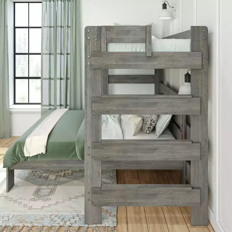 Solid Wood Bunk Bed, L-Shaped Twin over Full Size Bed Frame for Kids, Modern Farmhouse