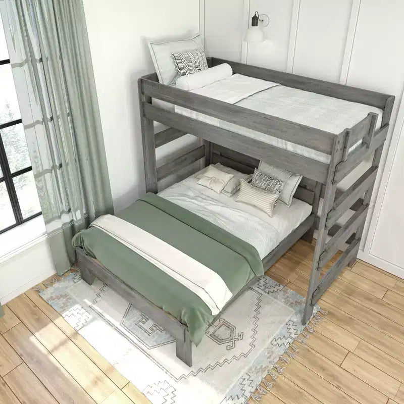 Solid Wood Bunk Bed, L-Shaped Twin over Full Size Bed Frame for Kids, Modern Farmhouse