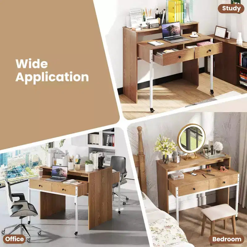 39.5" Expandable Rolling Computer Desk with Monitor Shelf, 2-Tier Desktop, 2 Drawers