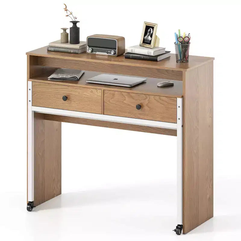 39.5" Expandable Rolling Computer Desk with Monitor Shelf, 2-Tier Desktop, 2 Drawers