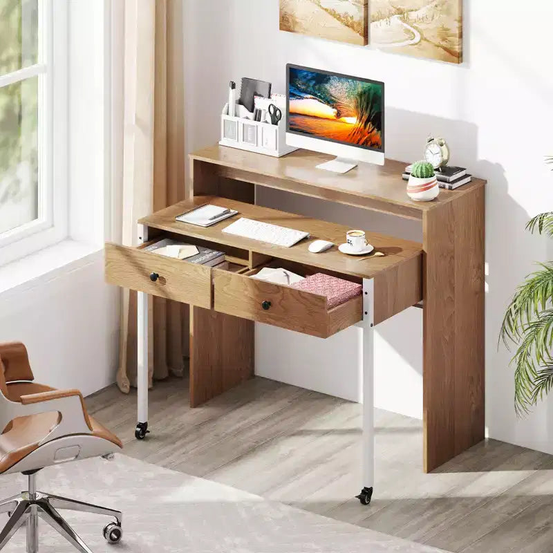 39.5" Expandable Rolling Computer Desk with Monitor Shelf, 2-Tier Desktop, 2 Drawers