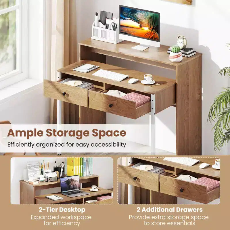 39.5" Expandable Rolling Computer Desk with Monitor Shelf, 2-Tier Desktop, 2 Drawers