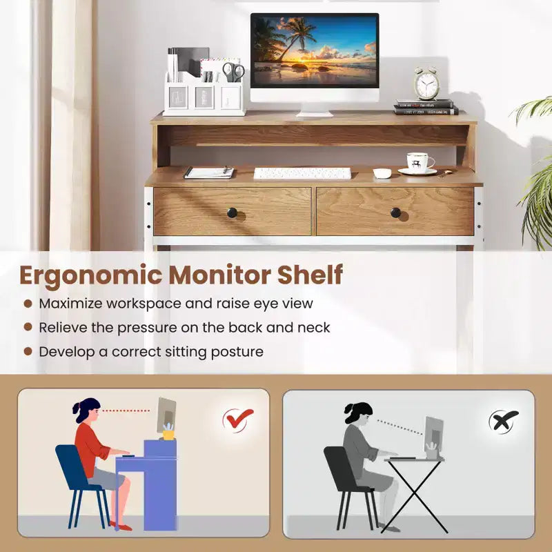 39.5" Expandable Rolling Computer Desk with Monitor Shelf, 2-Tier Desktop, 2 Drawers