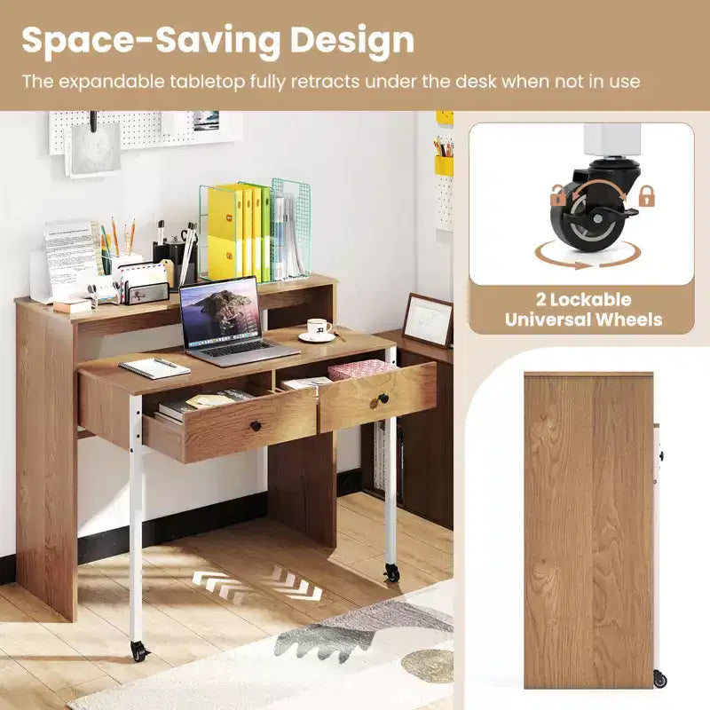 39.5" Expandable Rolling Computer Desk with Monitor Shelf, 2-Tier Desktop, 2 Drawers