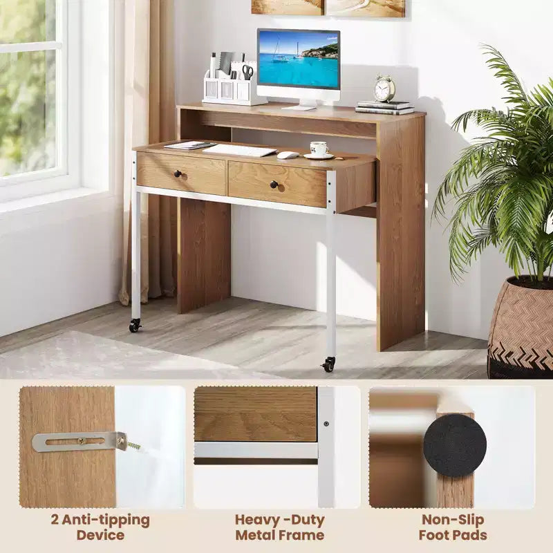 39.5" Expandable Rolling Computer Desk with Monitor Shelf, 2-Tier Desktop, 2 Drawers